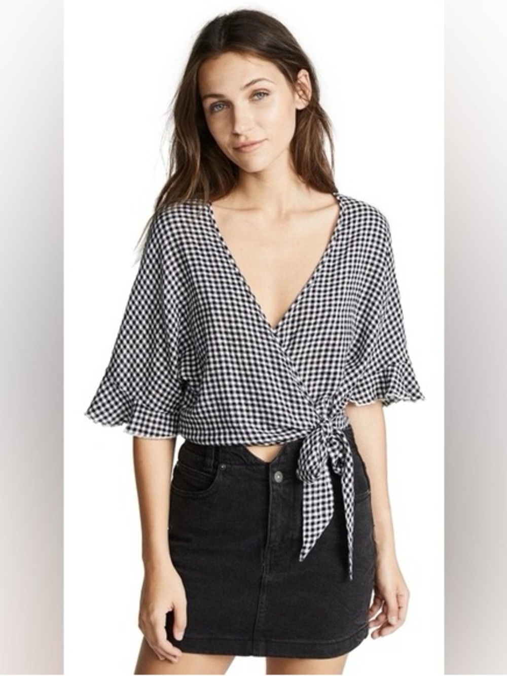 Rails Mila Wrap Top Gingham Wrap Top in Black & White Size Medium